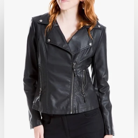 Max Studio Jackets & Blazers - Black Leatherette Jacket with Silver Distressed Hardware